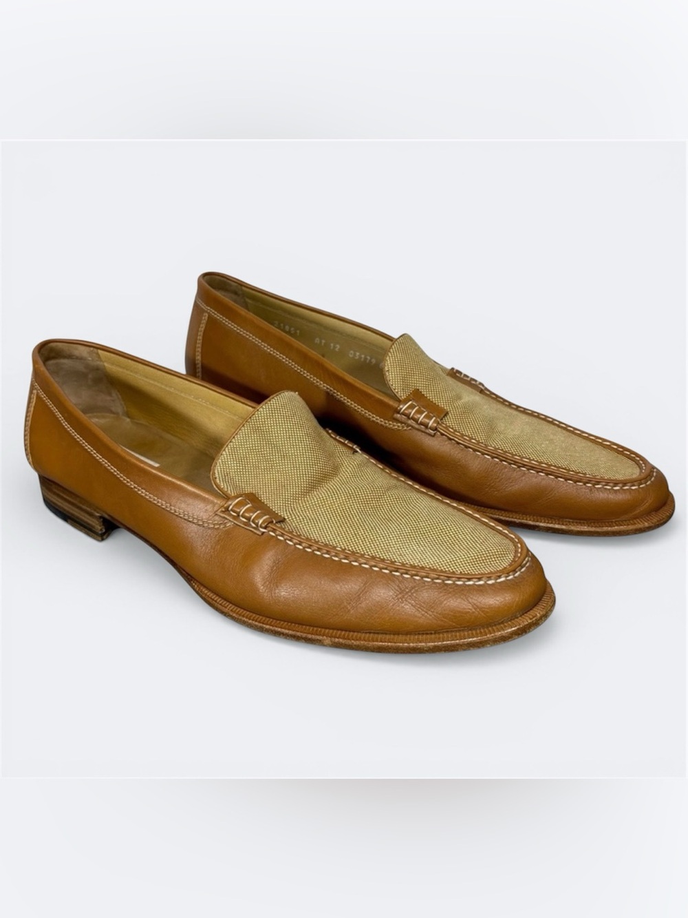 Moreschi Tan Leather & Beige Canvas Slip-On Loafers- men’s US 12